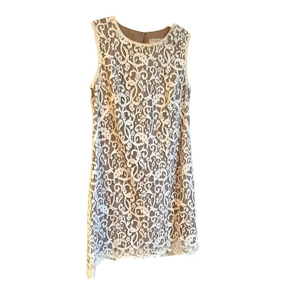LOFT, CREAM COLOR, LACE MINI DRESS. TAUPE COLOR UNDERLAY. SIZE 10 - Picture 4 of 9